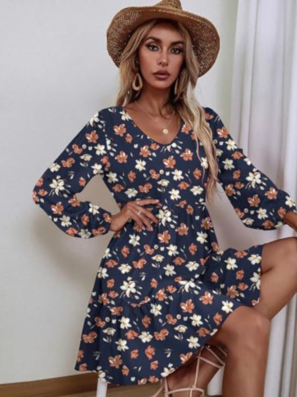 🆕 Women Casual A Line Dress V Neck Tiered Dress Long Sleeve Tunic Dress with - Picture 4 of 4